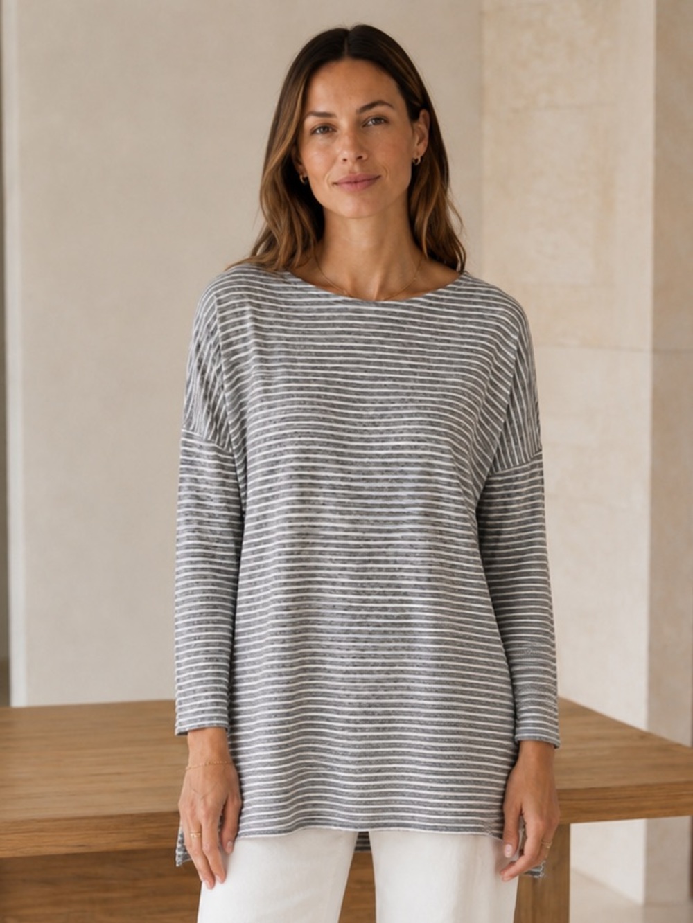 Eileen Fisher Gray Stripe Tencel Tunic Dolman Top XL